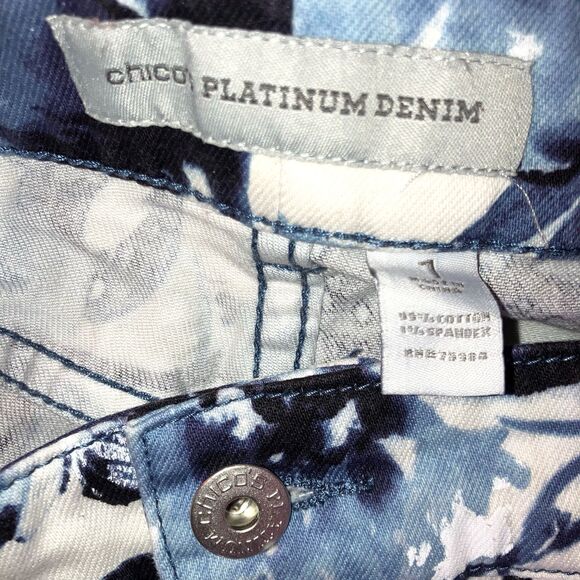 CHICO'S PLATINUM sz 8  sz 1 Blue Impressionist Floral Cotton Denim Stretch Jeans - Picture 5 of 5